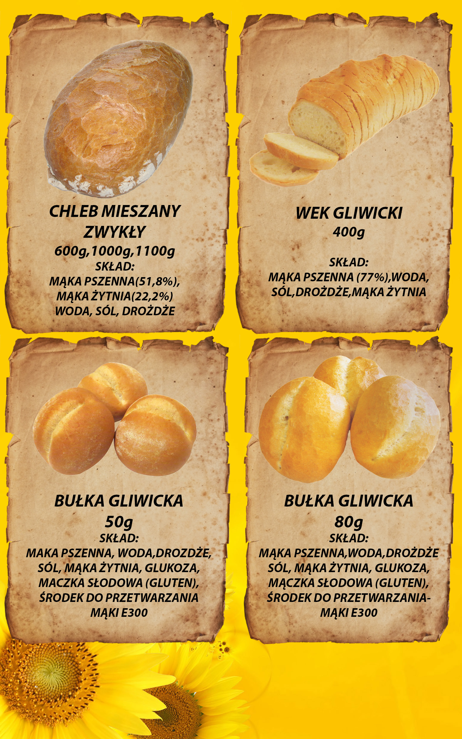 Grafika prezentująca chleb mieszany, wek gliwicki i bułki gliwickie na tle imitującym stary papier, z wyszczególnionymi składnikami i gramaturą.