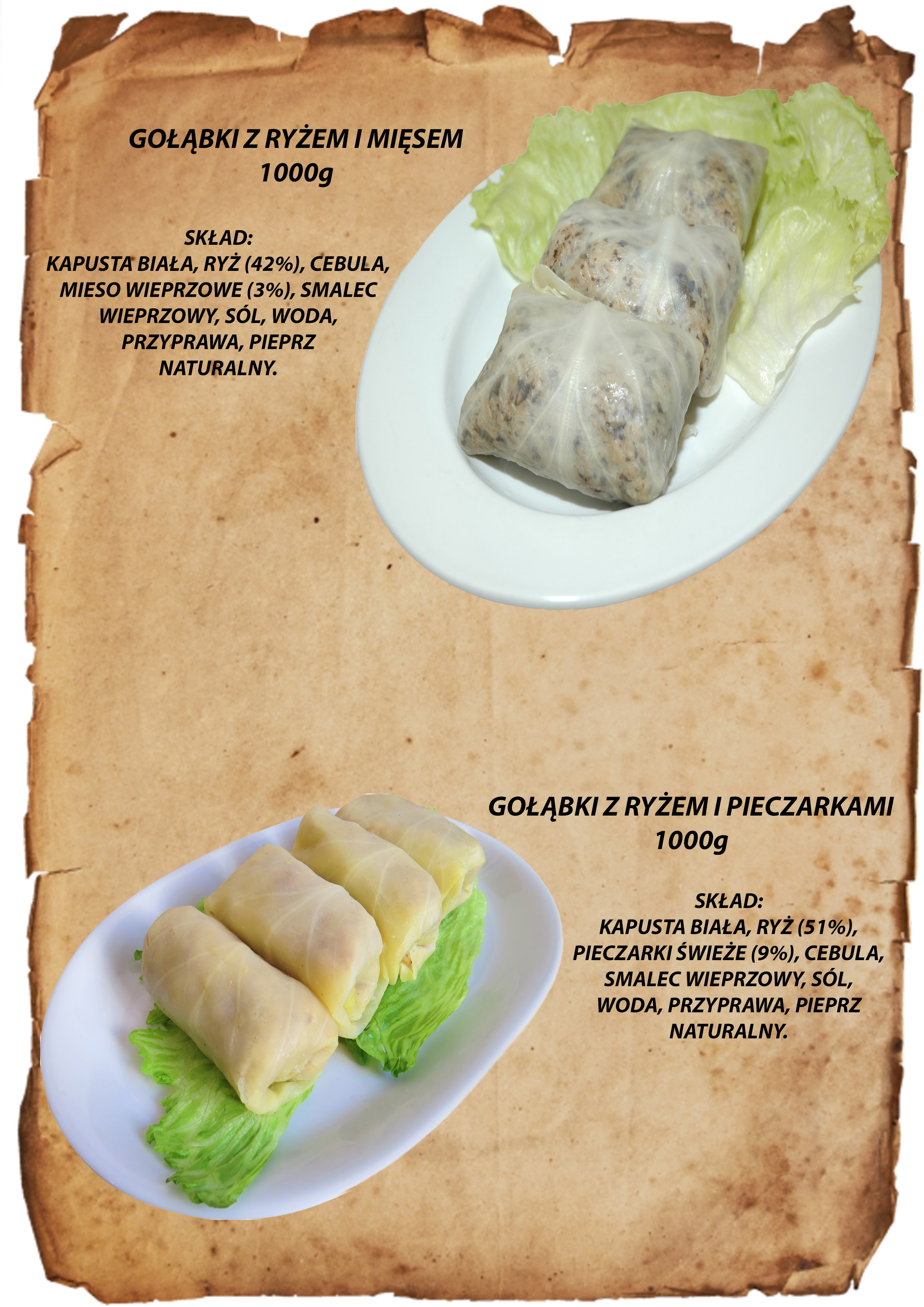 Dwa rodzaje gołąbków: z ryżem i mięsem oraz z ryżem i pieczarkami, podane na białych talerzach z dekoracją z sałaty, na tle stylizowanym na stary papier.