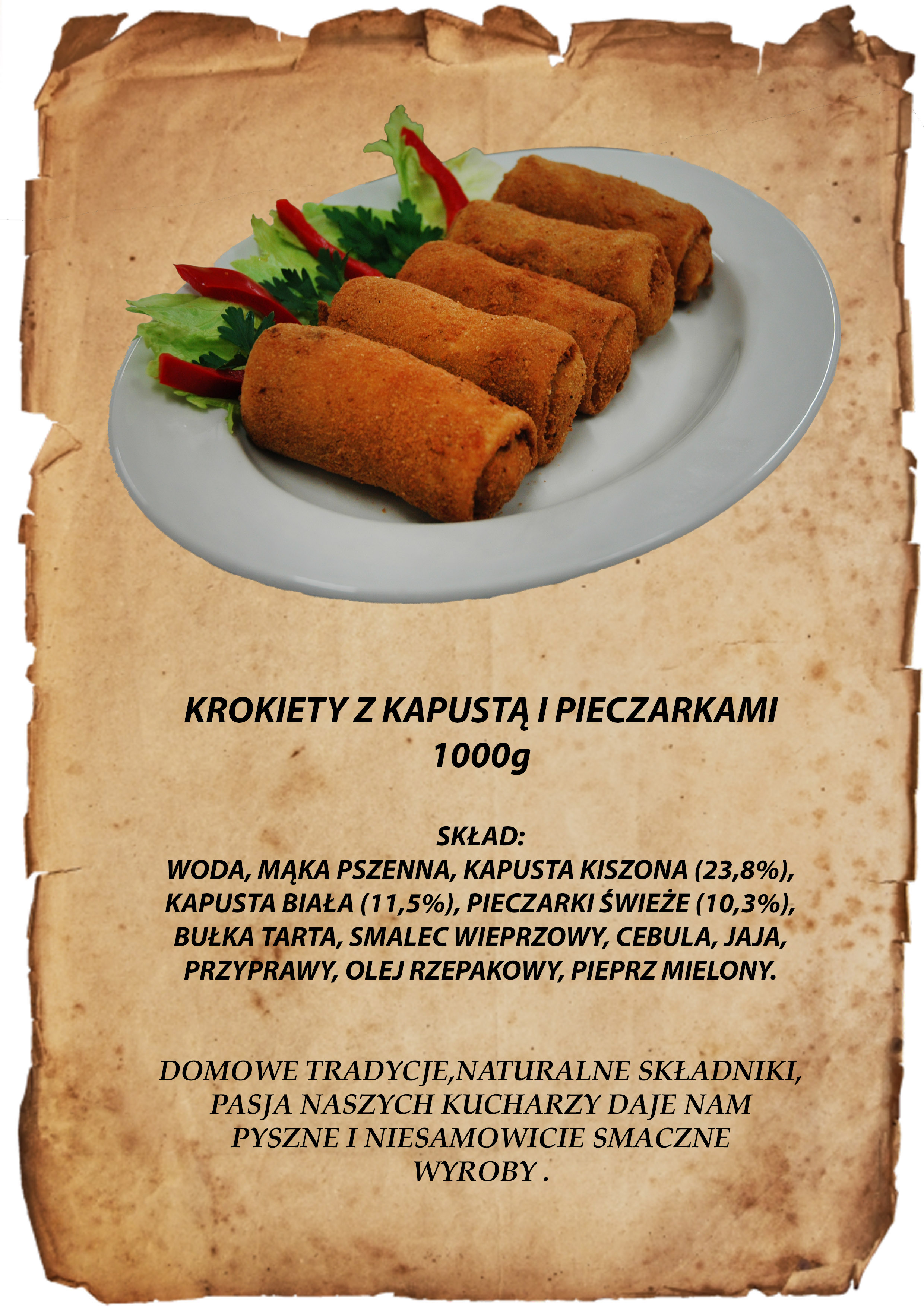 Krokiety z kapustą i pieczarkami na talerzu, dekorowane sałatą i papryką, prezentowane na tle stylizowanego, postarzanego papieru z wypisanym składem.