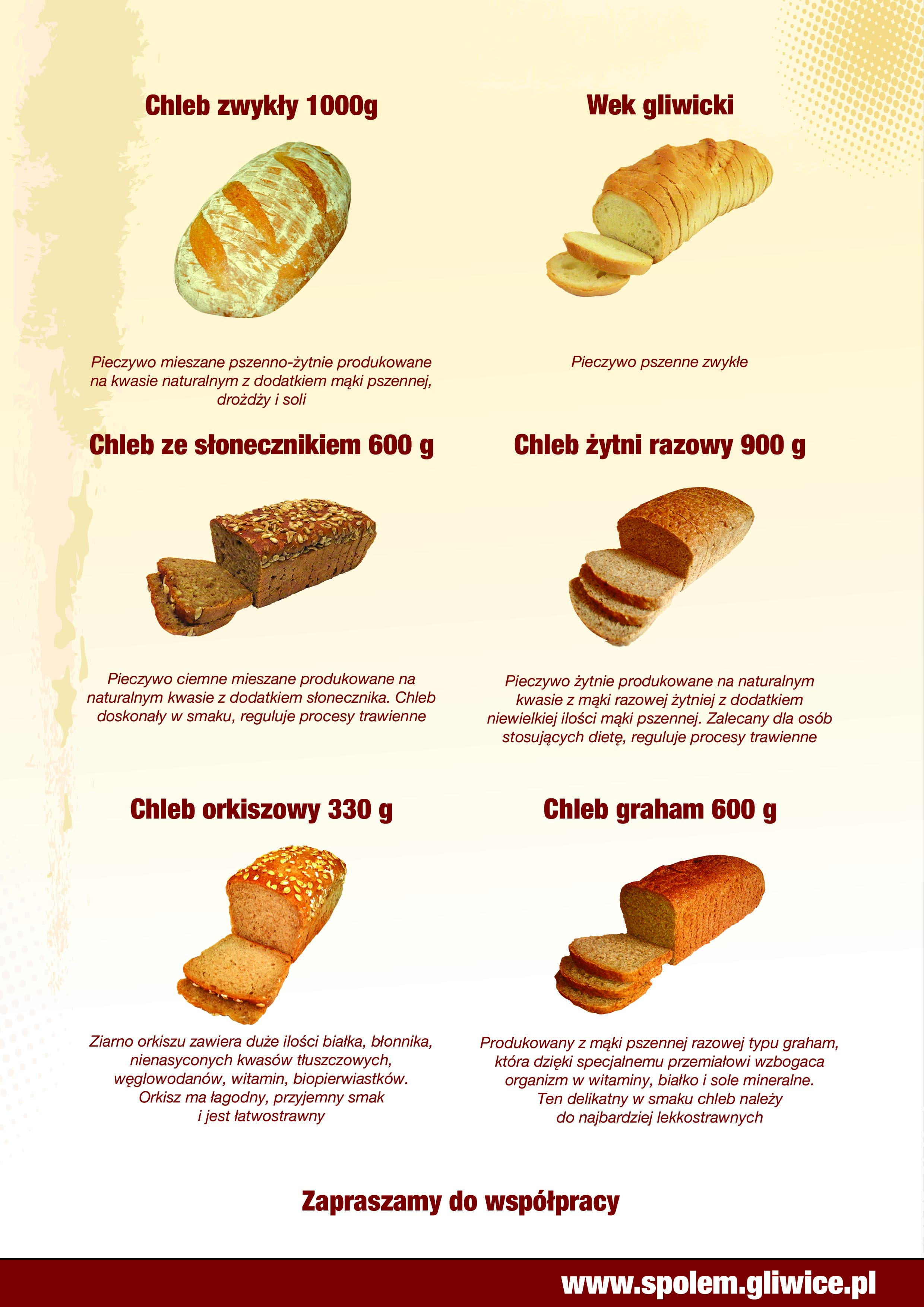 Zestawienie pieczywa: chleb zwykły, wek gliwicki, chleb ze słonecznikiem, żytni razowy, orkiszowy i graham. Różne rodzaje pieczywa krojonego na jasnym tle.