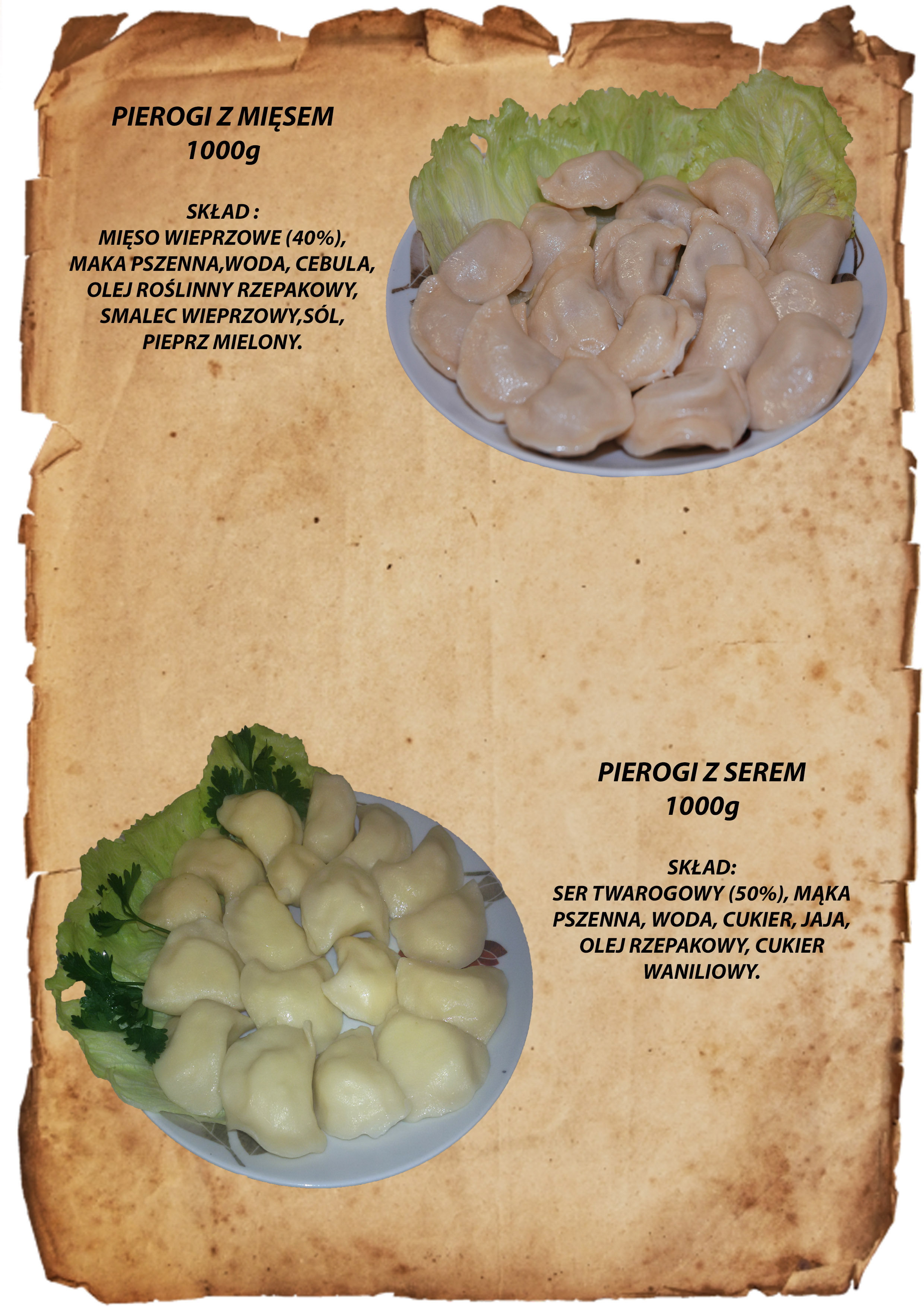 Dwa talerze pierogów: z mięsem i z serem, ułożone na liściach sałaty, z widocznym składem na tle imitującym stary pergamin.