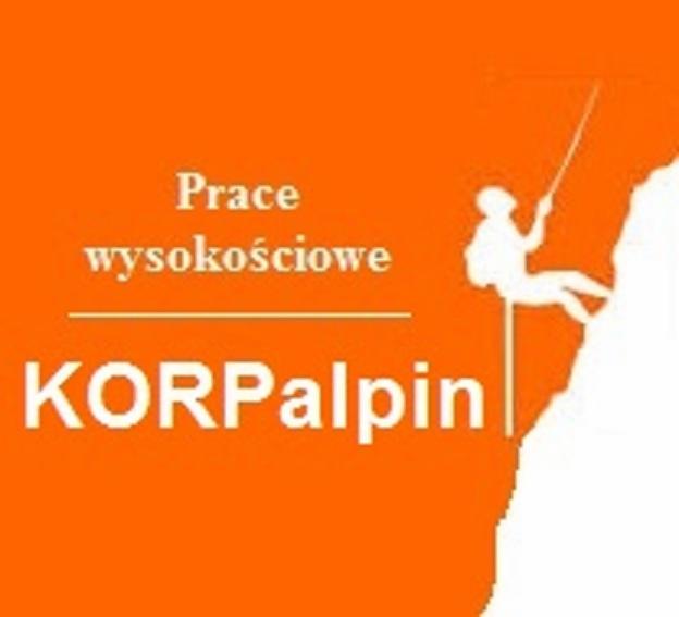 Pomarańczowe logo firmy KORPalpin z sylwetką alpinisty wspinającego się na białą górę.
