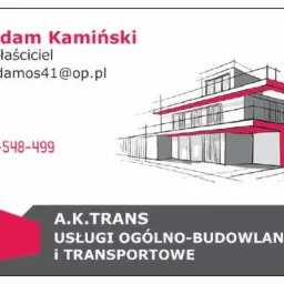 Wizytówka firmy budowlanej A.K.TRANS z minimalistycznym szkicem budynku w odcieniach szarości i czerwieni, kontakt: adamos41@op.pl, +48 515-548-499.