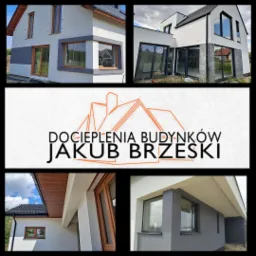 Kolaż zdjęć prezentujących domy po dociepleniu elewacji, z logo firmy 'Docieplenia Budynków Jakub Brzeski' w centralnej części.