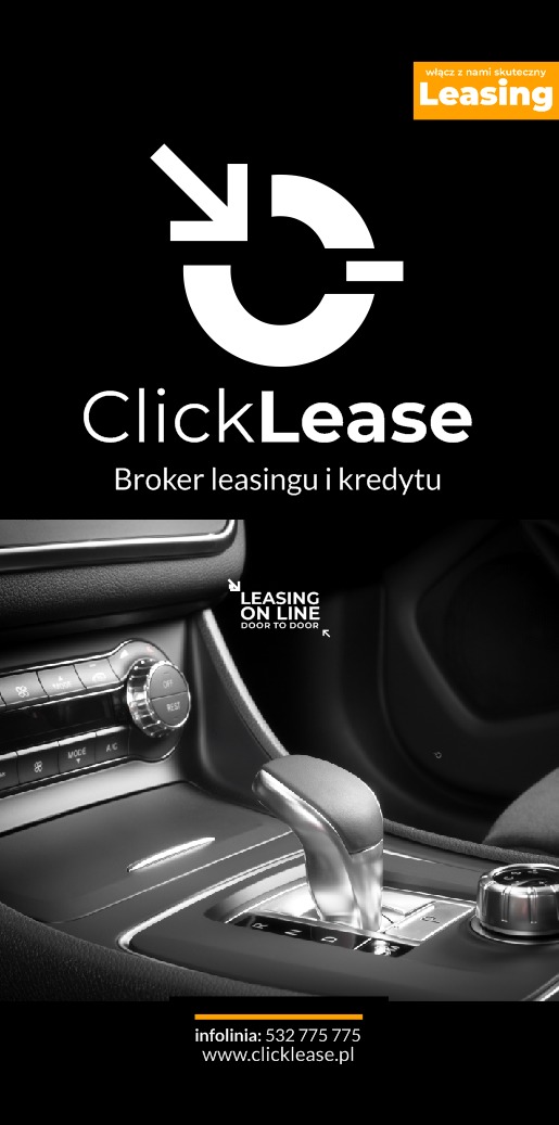 Reklama brokera ClickLease: logo firmy nad wnętrzem samochodu z automatyczną skrzynią biegów, informacja o leasingu online i infolinia.