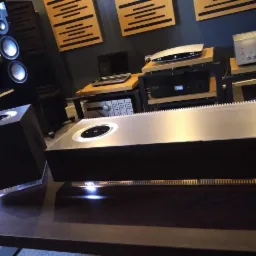 Profesjonalny system audio Naim: wzmacniacz i głośniki na drewnianym stoliku, w tle półka z płytami i panele akustyczne na ścianie.