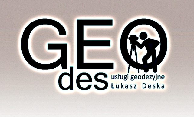 Czarno-białe logo firmy geodezyjnej GEOdes z sylwetką geodety przy instrumencie pomiarowym i napisem 'usługi geodezyjne Łukasz Deska'.