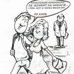 Ilustracja kredytu gotówkowego: para ucieka przed komornikiem na wakacje, biegnąc po pieniądze. Humorystyczne przedstawienie pożyczki.