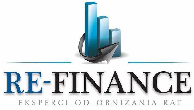 Logo firmy Re-Finance z grafiką słupków wzrostu otoczonych strzałką w dół, hasło: Eksperci od obniżania rat. Kolorystyka: niebiesko-czarna.