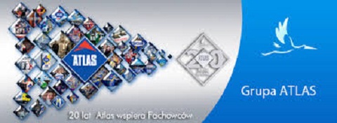 Grafika reklamowa Grupy ATLAS z logo firmy i hasłem '20 lat Atlas wspiera Fachowców' w kolorystyce błękitno-szarej. Widoczne liczne małe logotypy w tle.