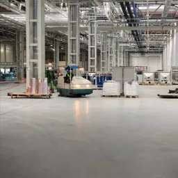 Operator na zielono-białej maszynie czyszczącej przemysłową posadzkę w hali produkcyjnej z widocznymi instalacjami pod sufitem i paletami z materiałami w tle.