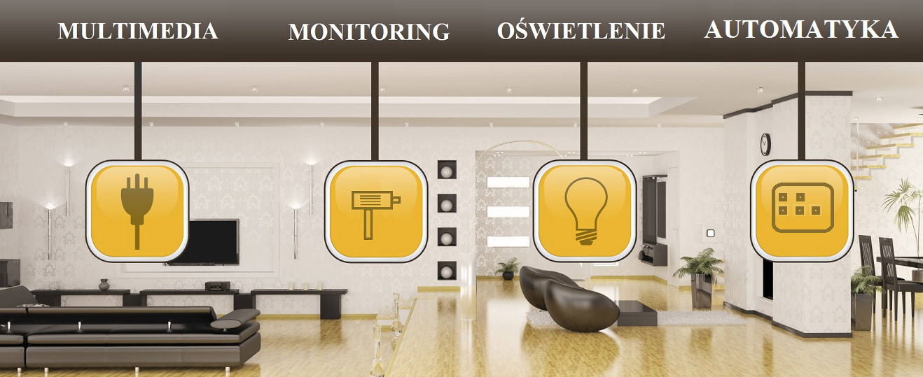 Grafika przedstawia wizualizację inteligentnego domu z ikonami: multimedia (wtyczka), monitoring (kamera), oświetlenie (żarówka) i automatyka (panel sterowania).