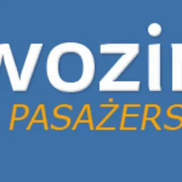 Logo firmy przewozowej: biały napis 'przewozimy' nad pomarańczowym napisem 'PRZEWOZY PASAŻERSKIE' i pomarańczowym '24.com.pl' na niebieskim tle.