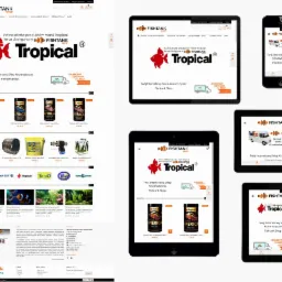 Responsywny układ strony internetowej sklepu akwarystycznego 'Fishtank Shop' na różnych urządzeniach: komputerze, tablecie i smartfonie, prezentujący identyczną zawartość i układ elementów.