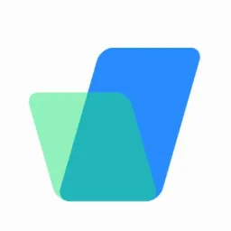 Abstrakcyjne logo firmy w odcieniach błękitu i zieleni, nakładające się na siebie kształty trapezów z zaokrąglonymi rogami, na białym tle.