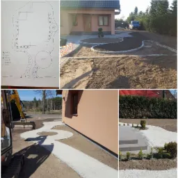 Szkic koncepcyjny ogrodu z ręcznie rysowanymi elementami roślinności i ścieżek obok zdjęć z budowy krętych ścieżek i rabat, widoczny mini-koparka i częściowo gotowe schody wejściowe.