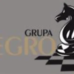 Logo firmy 'Grupa Negro' z motywem szachowym (czarny skoczek) i szachownicą w szaro-złotej kolorystyce na szarym tle. Minimalistyczny design.