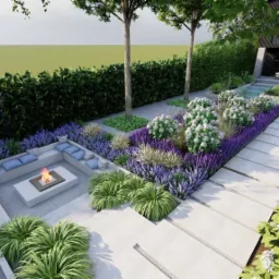 Wizualizacja ogrodu z paleniskiem otoczonym siedziskami z poduszkami, rabatami lawendy i białych kwiatów, ścieżką z betonowych płyt prowadzącą do nowoczesnego domu z basenem.