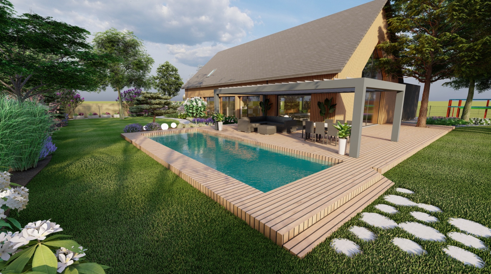 Wizualizacja ogrodu z nowoczesnym domem, basenem otoczonym drewnianym tarasem, pergolą i ścieżką z białych kamieni na trawniku.