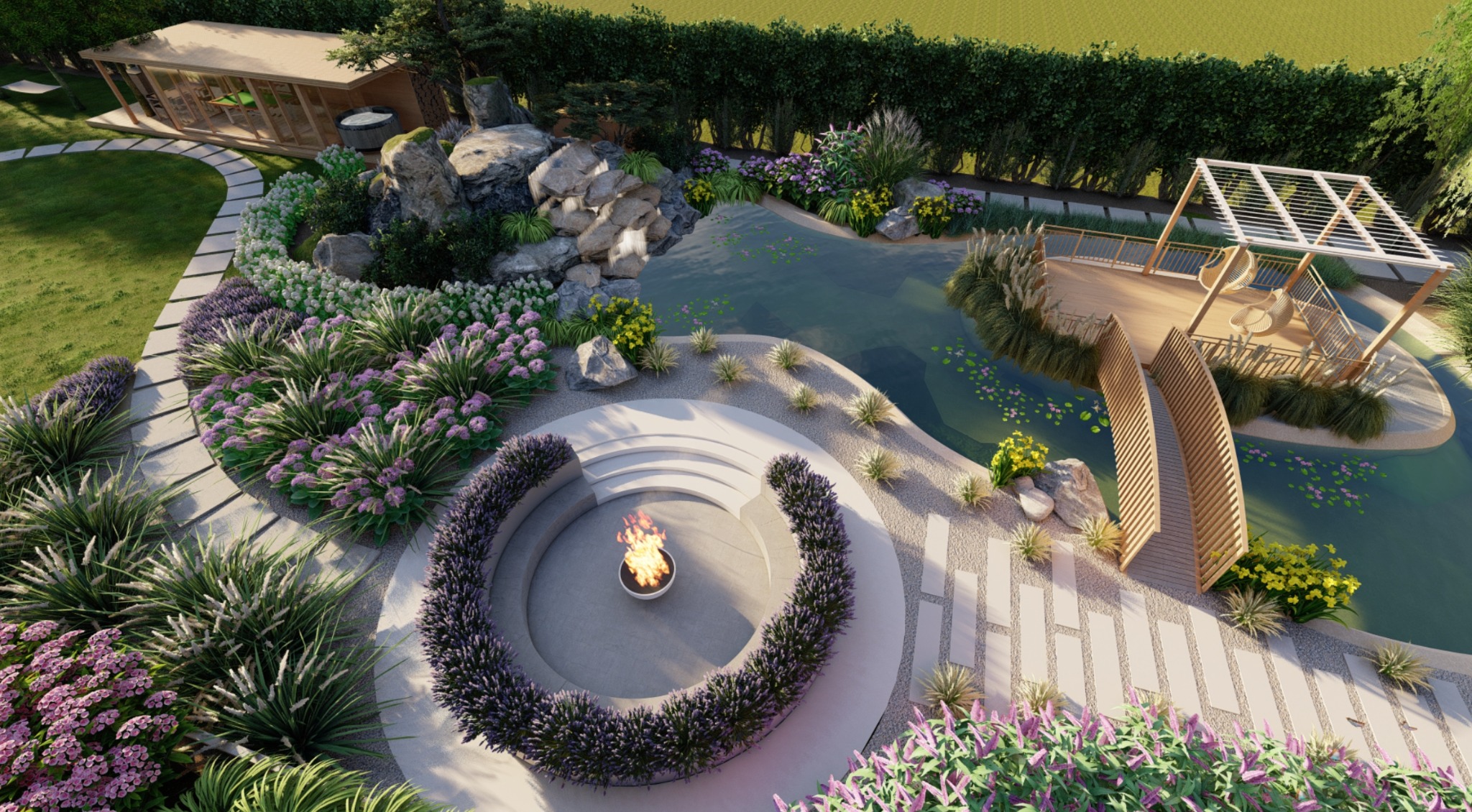 Wizualizacja ogrodu z oczkiem wodnym, mostkiem prowadzącym do drewnianego tarasu z pergolą i wiszącymi fotelami, paleniskiem otoczonym lawendą, ścieżką z płyt betonowych oraz pawilonem ogrodowym...
