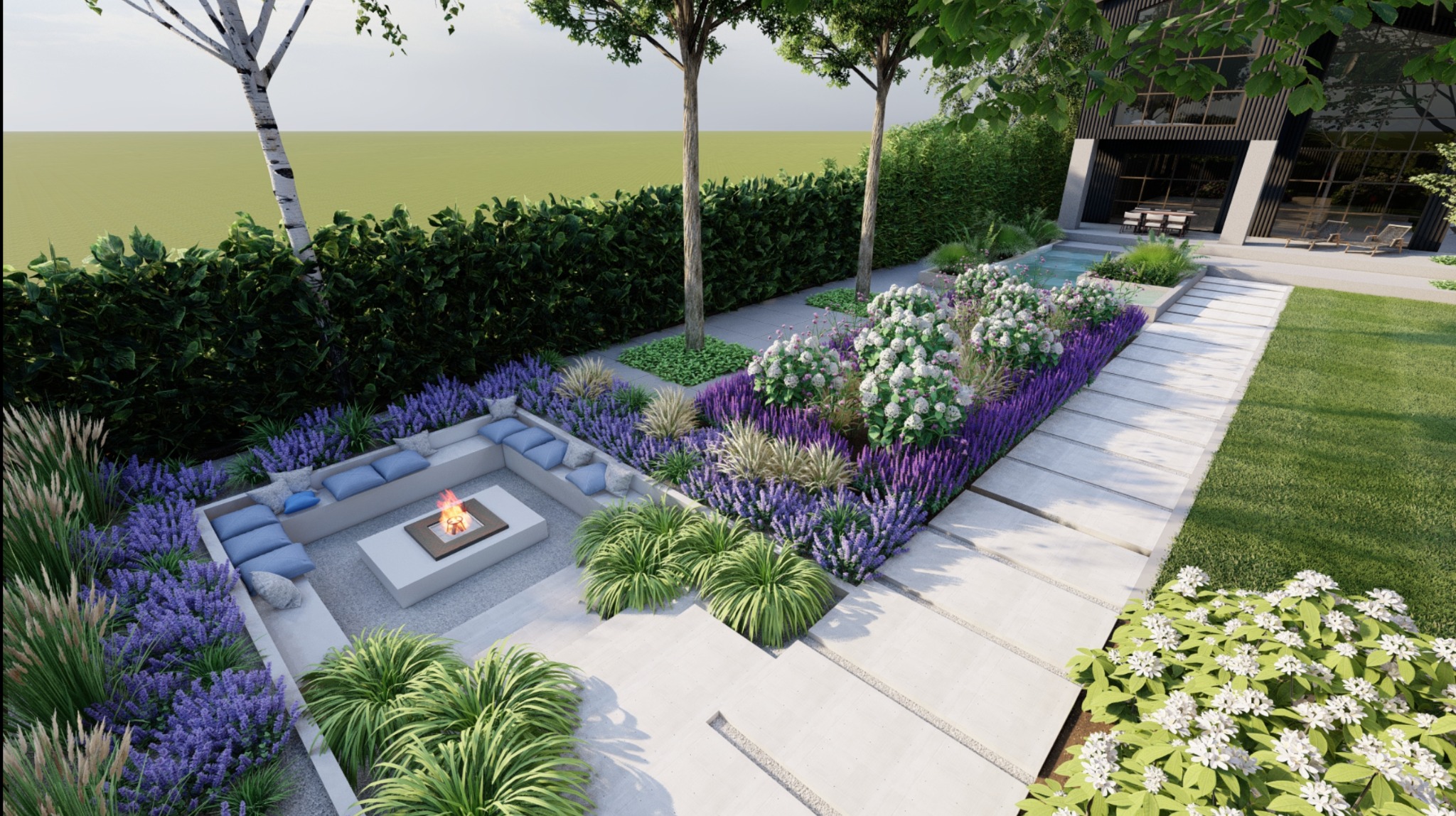 Wizualizacja ogrodu z paleniskiem otoczonym siedziskami z poduszkami, rabatami lawendy i białych kwiatów, ścieżką z betonowych płyt prowadzącą do nowoczesnego domu z basenem.