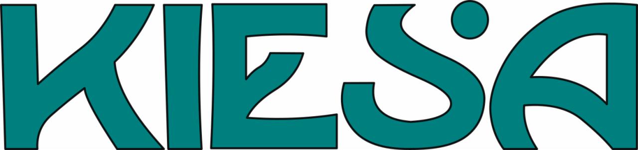 Grafika z nazwą 'KIESA' w kolorze morskim z czarnym obrysem na białym tle. Nazwa jest napisana dużymi, pogrubionymi literami.