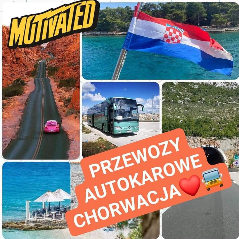 Motywacyjny kolaż z Chorwacją: autokar, flaga, krajobrazy, plaża i auto. Napis 'Przewozy autokarowe Chorwacja' z ikoną autobusu i serca. Idealne na wycieczki.