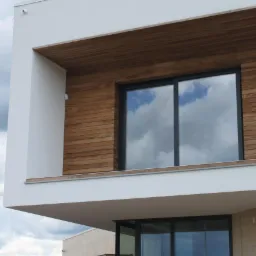 Nowoczesna elewacja budynku z drewnianą okładziną balkonu i dużym oknem przesuwnym, w którym odbijają się chmury.