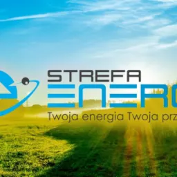 Logo 'Strefa Energii' na tle zielonego pola z liniami wysokiego napięcia i błękitnym niebem. Hasło: 'Twoja energia Twoja przyszłość'.