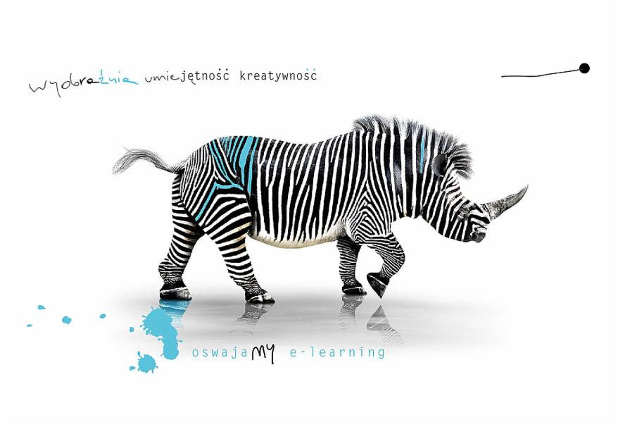 Grafika przedstawia hybrydę zebry i nosorożca z elementami graficznymi i napisami. Nietypowe połączenie zwierząt symbolizuje kreatywność i umiejętności.
