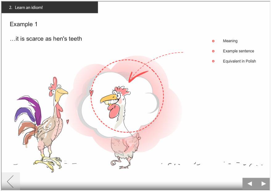 Ilustracja idiomatycznego wyrażenia 'rzadkie jak zęby u kury' z rysunkami kur i objaśnieniami pojęć. Grafika z elementami edukacyjnymi.