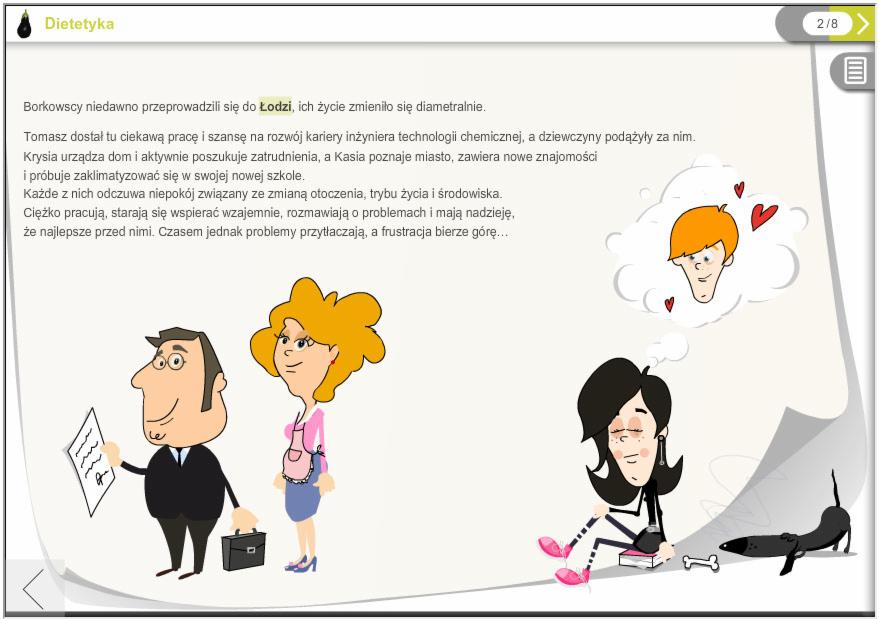 Ilustracja kreskówkowa przedstawiająca rodzinę po przeprowadzce do Łodzi, z tekstem o ich adaptacji i wyzwaniach. Styl graficzny kreskówkowy, jasne tło.