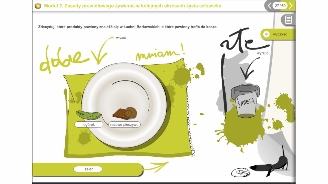 Ilustracja interaktywnej gry edukacyjnej o zdrowym odżywianiu z talerzem, ogórkiem, pieczywem razowym i koszem na śmieci. Elementy interfejsu widoczne.