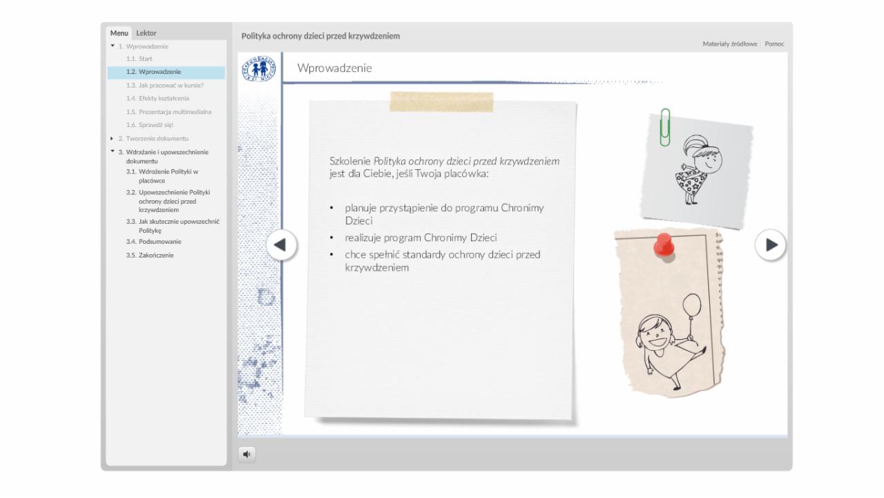 Ekran szkolenia online z polityki ochrony dzieci przed krzywdzeniem, z rysunkami dziecięcymi i notatkami. Menu po lewej, treść szkolenia po prawej. Pastelowa kolorystyka.