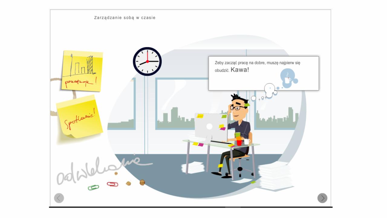 Ilustracja: postać przy biurku z notatkami i zegarem, nawiązująca do zarządzania czasem i planowania zadań w środowisku biurowym. Koncepcja wizualna.