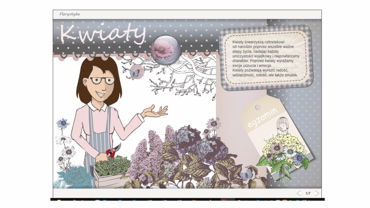 Ilustracja cyfrowa: uśmiechnięta florystka w fartuchu, z sekatorami i skrzynką kwiatów, otoczona kwiatowymi motywami i tekstem o florystyce. Delikatna kolorystyka.