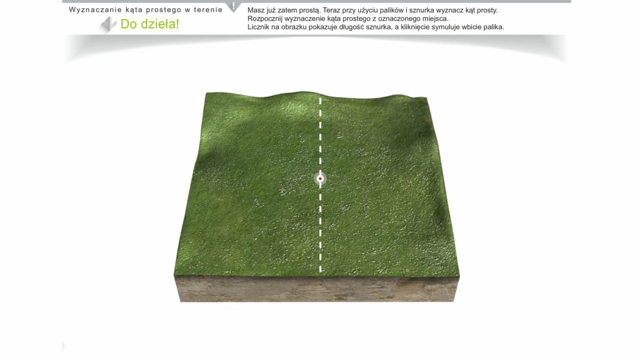 Grafika 3D prezentująca wyznaczanie prostej w terenie z użyciem palików i sznurka, z oznaczeniem punktu początkowego i przerywaną linią wskazującą kierunek.