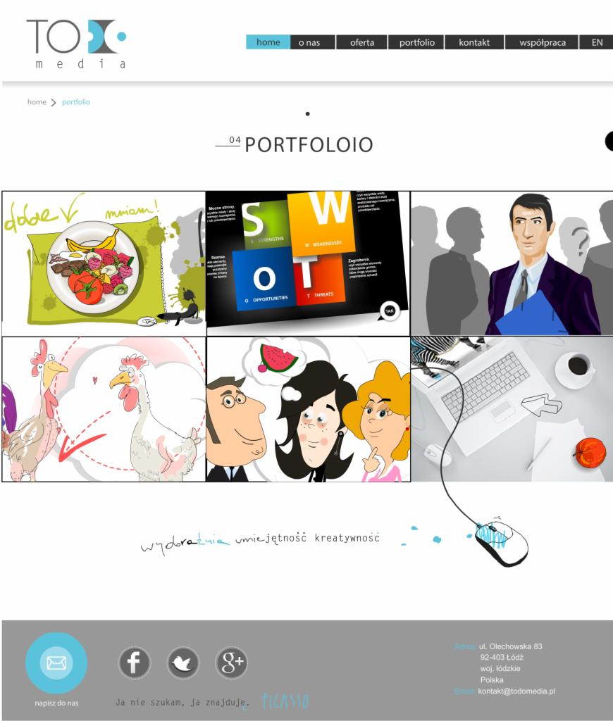 Strona portfolio z grafikami: SWOT, ilustracje z jedzeniem i zwierzętami, postacie z dymkami i komputer z myszką. Kreatywny design strony internetowej.