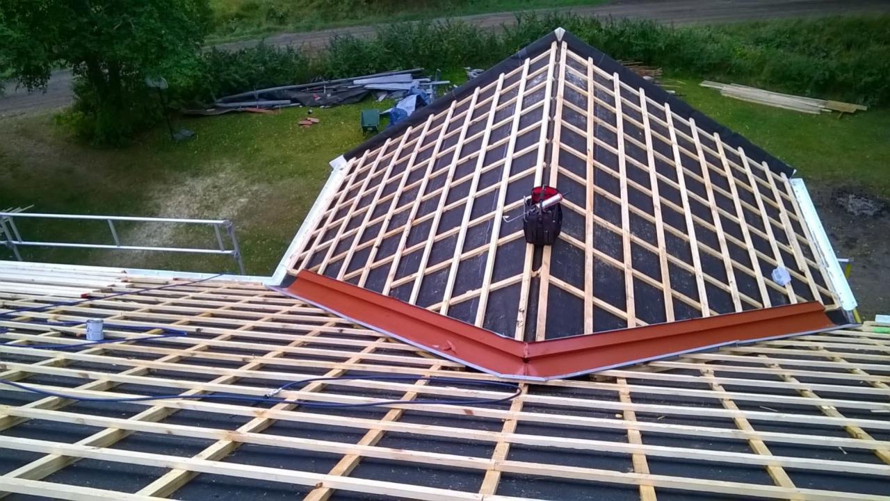 Konstrukcja dachu z łatami drewnianymi na czarnej membranie, widoczny fragment rynny w kolorze ceglastym oraz narzędzia dekarskie zawieszone na dachu. W tle zieleń drzew i trawnika.