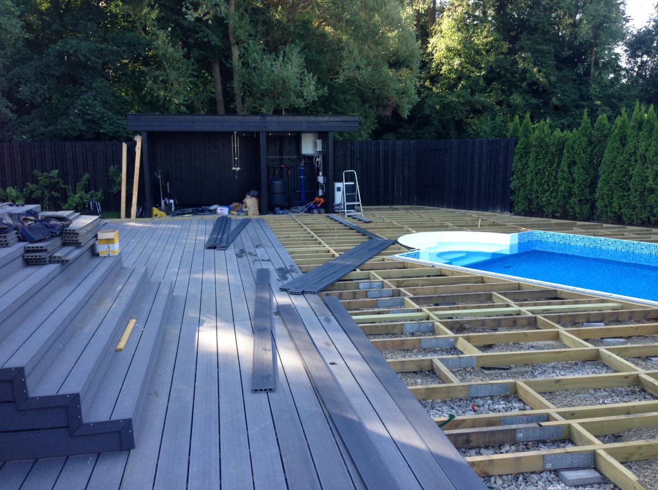 Budowa tarasu kompozytowego z widokiem na basen, widoczny szkielet konstrukcji i częściowo ułożone deski tarasowe w odcieniach szarości, w tle czarne ogrodzenie i budynek gospodarczy.