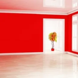 Pusty pokój z czerwonymi ścianami, białymi listwami i błyszczącą podłogą. W głębi widoczna roślina w doniczce, oświetlona przez okno w sąsiednim pomieszczeniu.