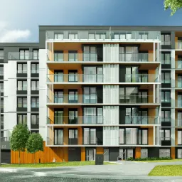 Wizualizacja nowoczesnego, wielopiętrowego budynku usługowego z balkonami, z elementami w kolorze pomarańczowym, szarym i białym, otoczonego zielenią i chodnikiem z kostki.