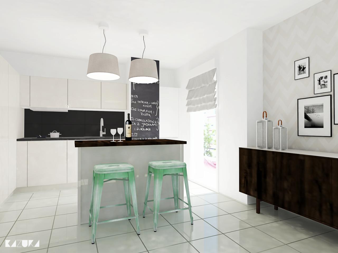 Jasna kuchnia z wyspą, zielonymi stołkami barowymi i tablicą kredową z menu. Minimalistyczne wnętrze z akcentami kolorystycznymi i dekoracjami.