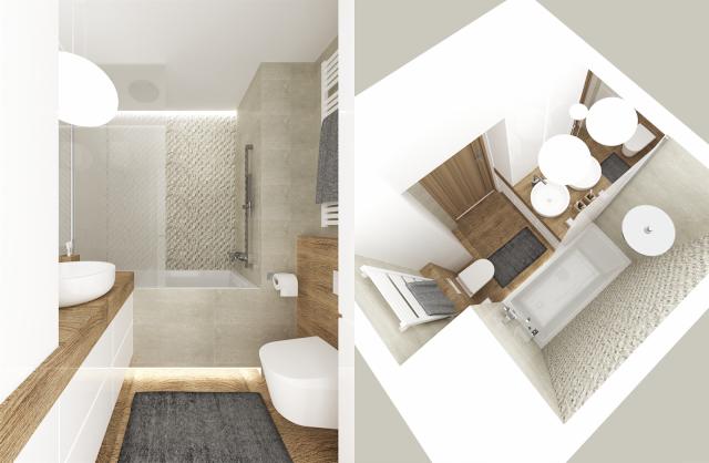 Jasna łazienka z drewnianymi akcentami: umywalka na blacie, wanna za szklaną ścianką, toaleta. Widok z dwóch perspektyw, w tym z góry.