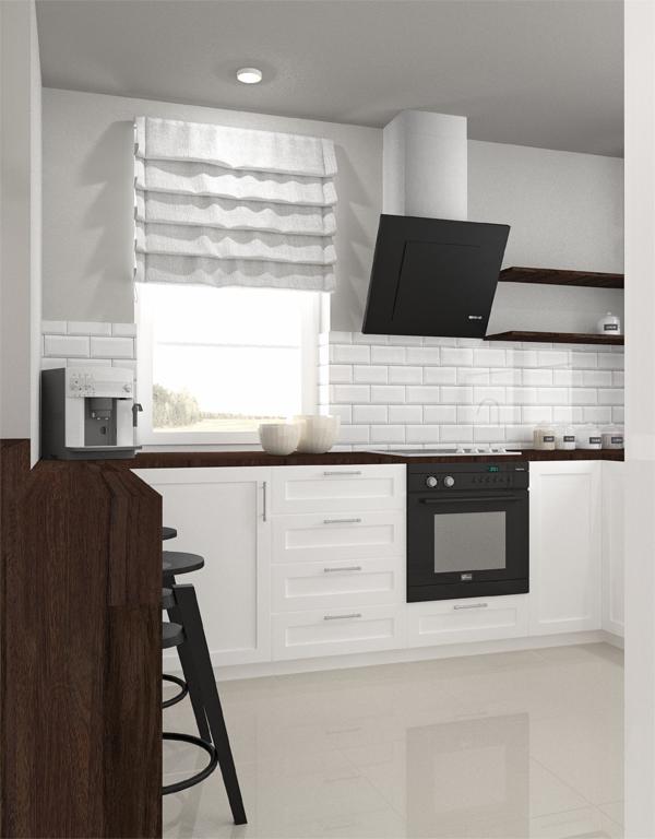 Jasna kuchnia z białymi szafkami, czarnym piekarnikiem i okapem. Okno z roletą rzymską. Minimalistyczny design, nowoczesne oświetlenie.