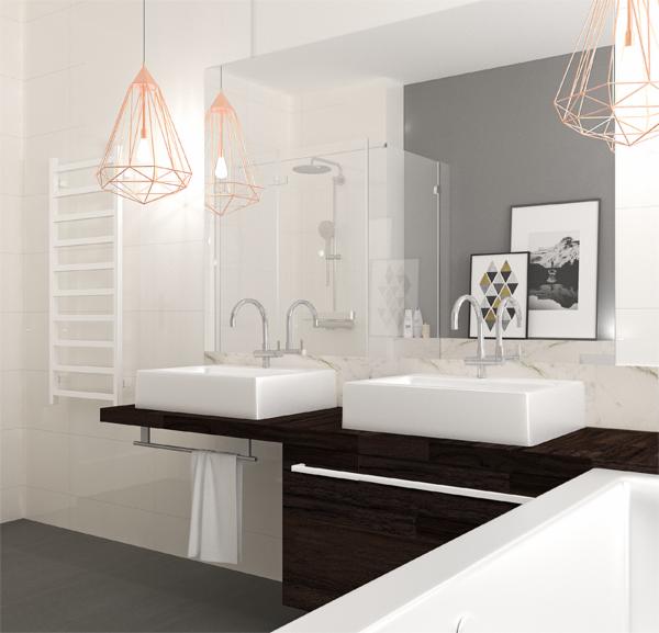 Nowoczesna łazienka z dwoma białymi umywalkami na ciemnym blacie, geometryczne lampy wiszące i minimalistyczne dekoracje ścienne.