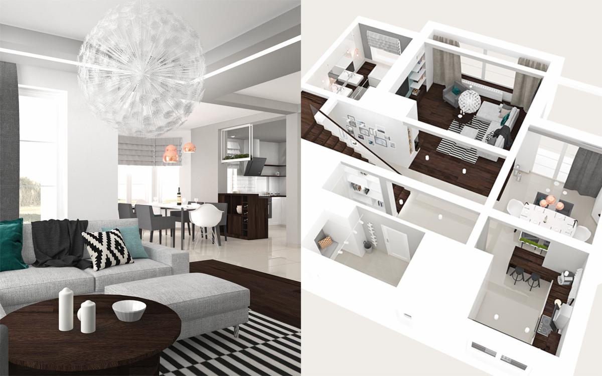 Wnętrze salonu z jadalnią w stylu minimalistycznym, z dużą lampą i widokiem na kuchnię, zestawione z wizualizacją 3D układu pomieszczeń.
