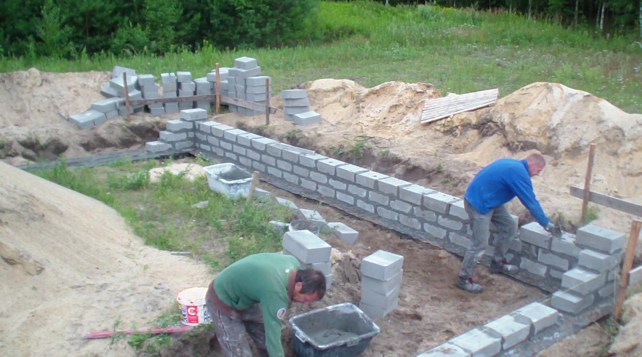 Dwóch murarzy w trakcie wznoszenia fundamentów z szarych bloczków betonowych na trawiastym terenie. Widoczne narzędzia i zapas materiału.