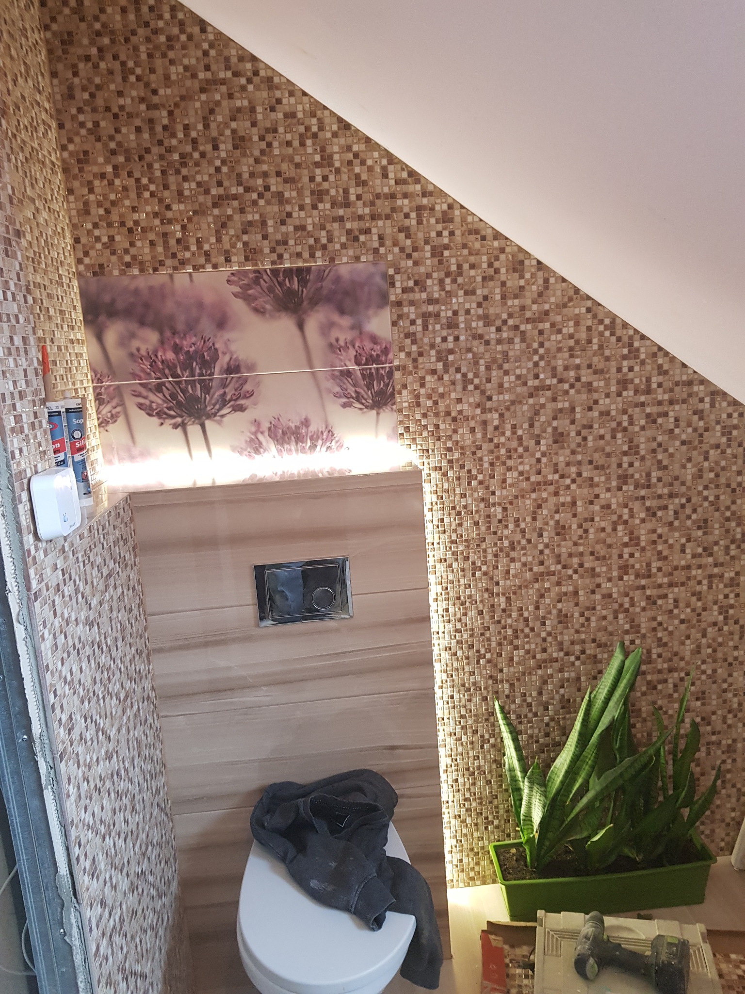 Mozaika w odcieniach brązu i beżu na ścianie w łazience, z podświetlanym panelem dekoracyjnym z motywem kwiatowym nad zabudową toalety, obok doniczka z zieloną rośliną.