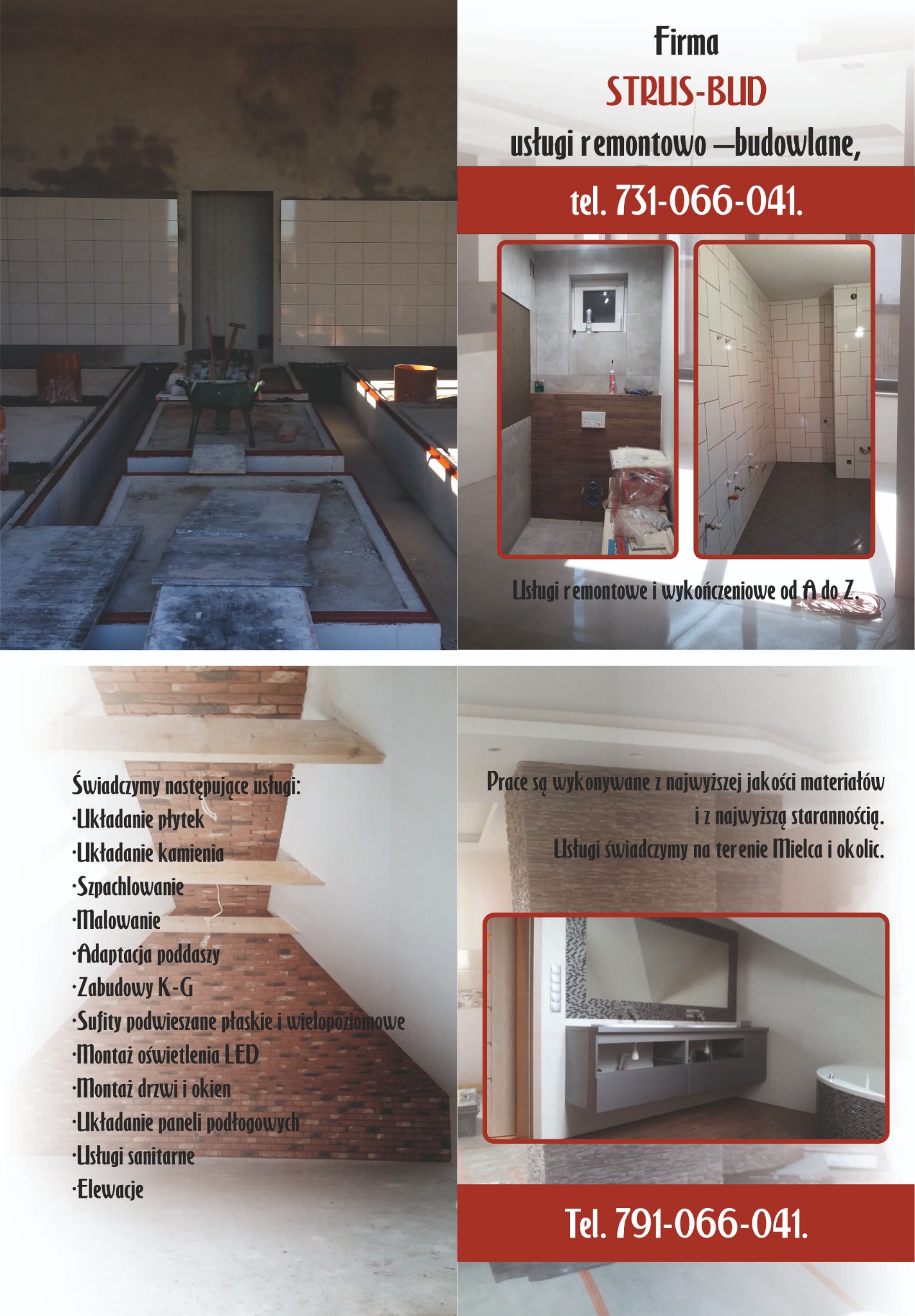 Plakat reklamowy firmy STRUS-BUD oferującej usługi remontowo-budowlane, w tym układanie płytek, kamienia, szpachlowanie, malowanie, adaptację poddaszy, zabudowy K-G, sufity podwieszane, montaż...